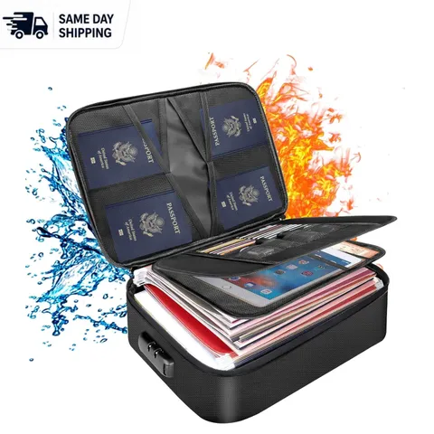 Elegant Black Fireproof Document Bag with Combination Lock & 22 Compartments