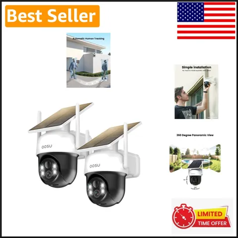 2-Pack Wireless Solar Security Cameras with Auto Tracking & Color Night Vision