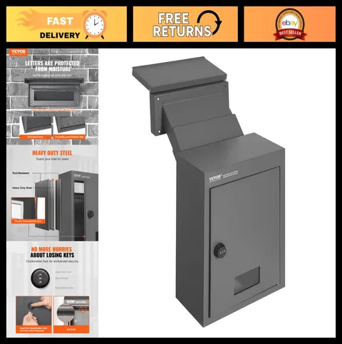 Heavy Duty Wall-Mount Drop Box Safe - Rainproof Steel Mailbox with Lock, 12.5x6.