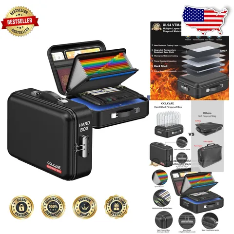 Fireproof Document Box Black -94 VTM-0 Certified Combination Lock Large Capac...