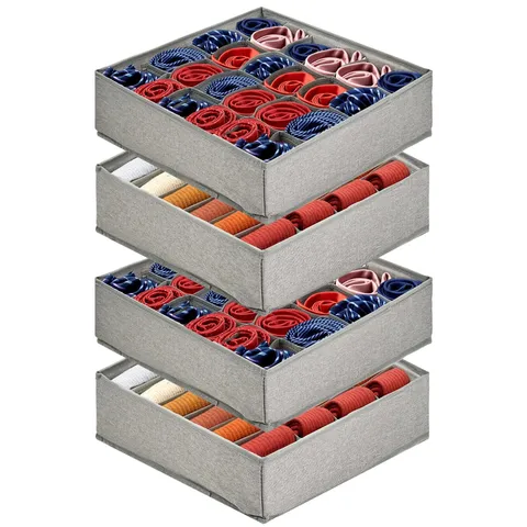 PINGMIC Gray Sock Organizer Divider 4 Pack - 24 Cell Foldable Closet Storage,...