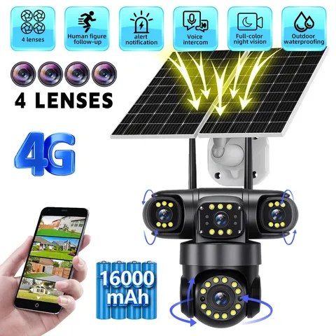 4 Lens Security Cameras Wireless Outdoor With 2pcs Solar Panel PTZ CCTV IP Cam