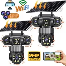 Camara PTZ Solar WiFi 9MP Triple Lente Exterior Seguridad Audio Vision Nocturna
