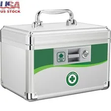 Lockable Medicine Storage Box W/ Key Durable Safe Removable Tray Portable Handle