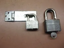2 Stacked Steel Master Lock Padlocks No. 5 with Key & No. 370 w/No Key & Hasp