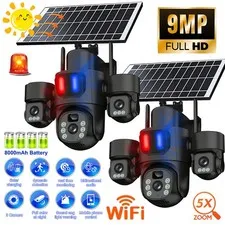 3 Lens 9MP Solar Battery Home Security Camera Outdoor Wifi Wireless PTZ CCTV US