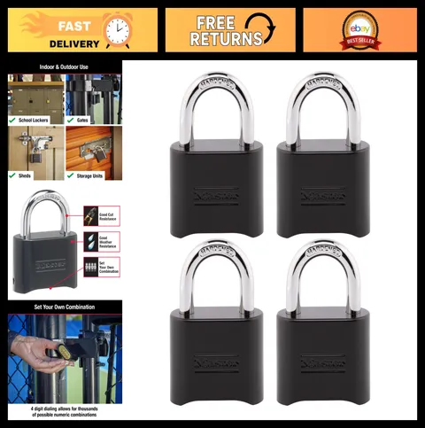Customizable Black Combination Padlock - Weather Resistant, Resettable Code, 4 P