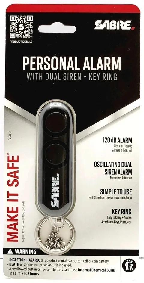 Sabre Personal Alarm, Safety Keychain Personal Alarm w Dual Siren, 120 dB, Blk