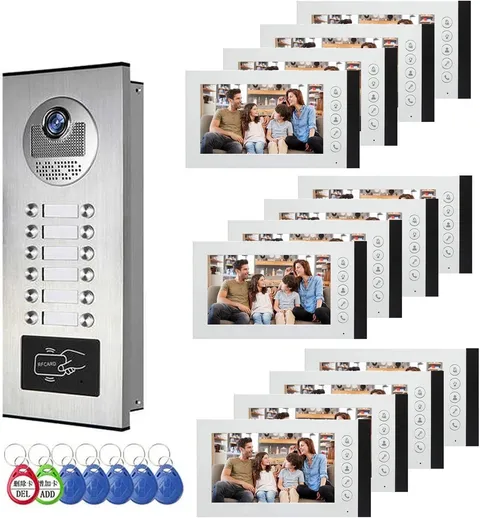 12-Unit Wired Video Door Phone Kit: 7" Monitors for Apartment Buildings