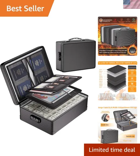 Fireproof Document Box with Lock - 12 Layers Heat Insulated, Black | File Org...
