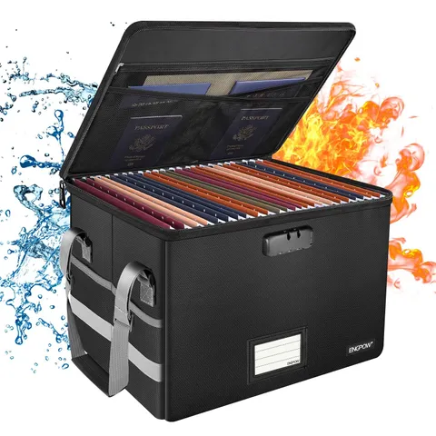 Fireproof File Box with Lock & Zipper, Collapsible Organizer for Documents, Port