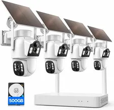 Solar Security Cameras Wireless Outdoor, 4 Cameras Dual-Lens PTZ with 10CH NVR &