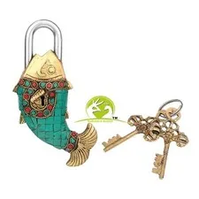 Handmade Vintage Style Rare Fish Shape Brass & Stone Work Padlock With Keys