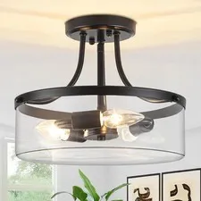11.81" Black Semi Flush Mount Ceiling Light Modern Clear Glass Black,