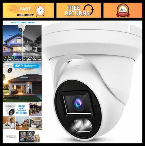 4K 8MP Outdoor PoE IP Turret Security Camera, Full Color Night Vision, 105° Wide