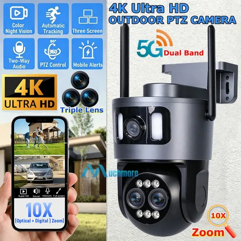 4K WiFi Triple Lens Security Camera Outdoor Home Night Vision 360° PTZ 10X Zoom