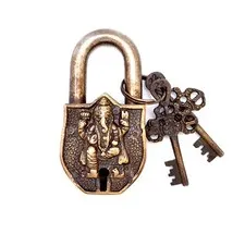 Handmade Vintage Style Rare Ganesha Design Functional Brass Padlock With 2 Keys