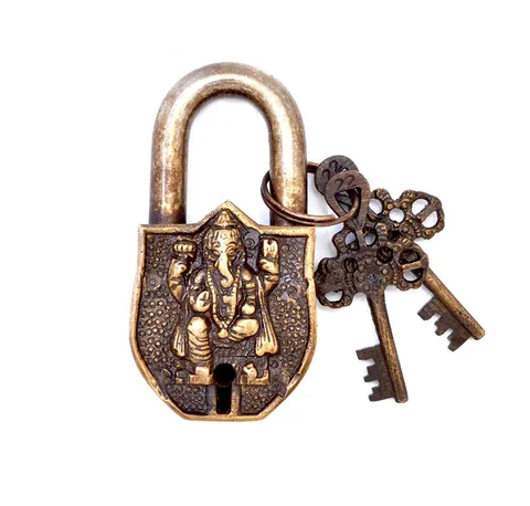 Handmade Vintage Style Rare Ganesha Design Functional Brass Padlock With 2 Keys