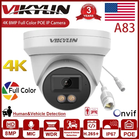 Vikylin 8MP 4K PoE IP Security Camera Outdoor Full Color Night Vision IP67 Audio