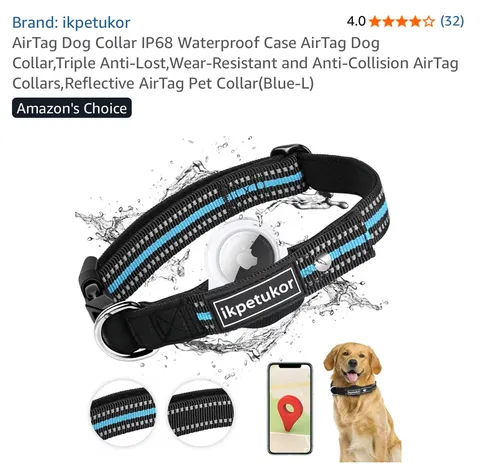 AirTag Dog Collar,IP68 Waterproof Case AirTag Dog Collar, Large black/blue 