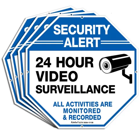 (4 Pack)"Security Alert - 24 Hour Video Surveillance, All Activities Monitored"