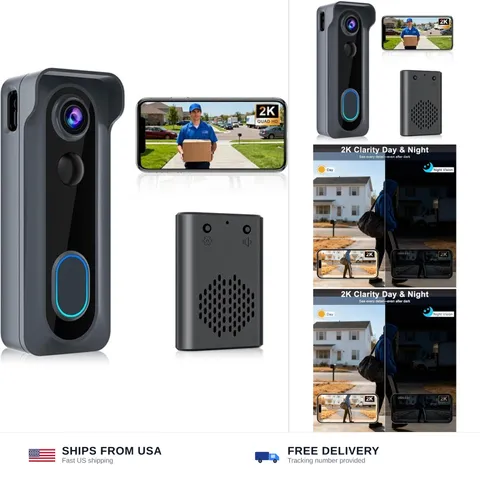 Doorbell Camera Wireless with Chime -2K HD Video AI Motion Detection, Two - W...