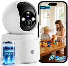 Battery Powered Wireless Indoor Security Camera, 4MP HD Pan/Tilt Pet Camera W/ 6