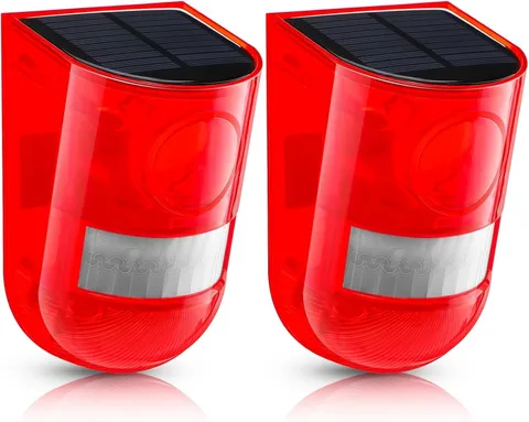 Red Solar Motion Detector Alarm - 129dB Siren, Flash Warning