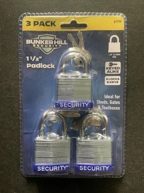 Bunker Hill Security 1.5” Keyed-Alike Padlocks 3 Locks Six Keys Hardened Steel