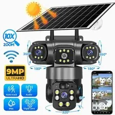 3 Lens HD 9MP WiFi Solar Camera Wireless Outdoor CCTV PTZ Home Security IR Cam