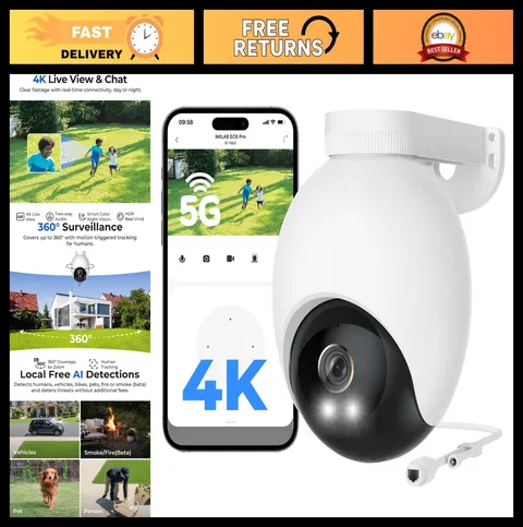 4K Wired Outdoor Security Camera, 5GHz WiFi, 360° Rotation, Waterproof, Spotligh