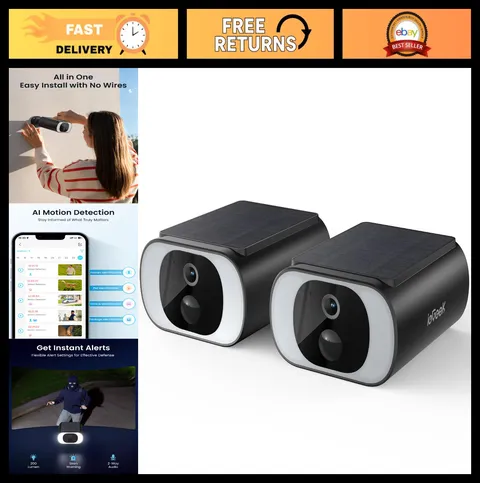 2-Pack Solar Wireless Security Cameras, 2K Outdoor Surveillance, AI Motion Senso