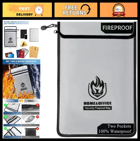 Fireproof Document Bag 15"x11" - Waterproof Money Bag with Zipper, 2 Pockets for