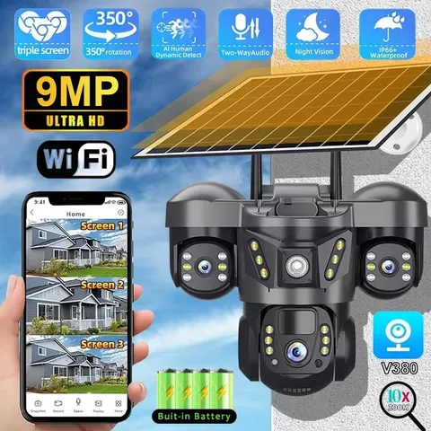 Solar Security Cameras WiFi Tri-Lens Motion Detection Night Vision Surveillance