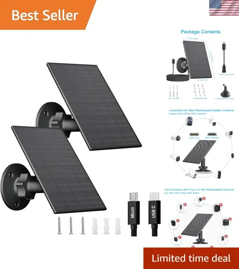 Weatherproof Solar Panel Charger for Security Cameras - 2W, USB-C, 7.2ft Cable