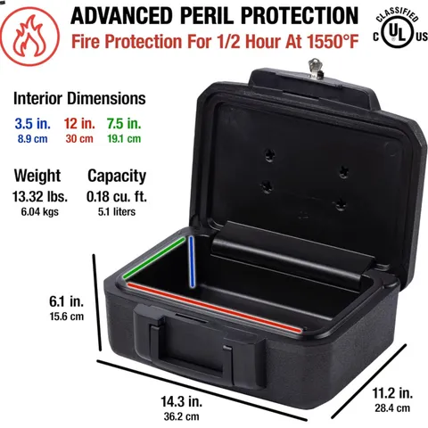 Fireproof Money Safe with Key Lock, Black Lock Box with Portable Carrying Han...