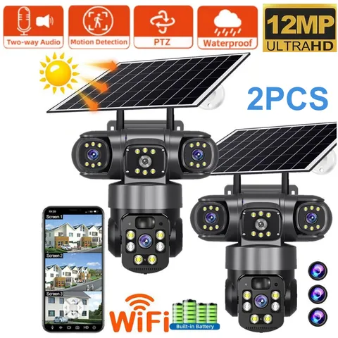 3 Lens 12MP Solar Outdoor Camera PTZ CCTV Night IP66 Vision Wifi Security Camera