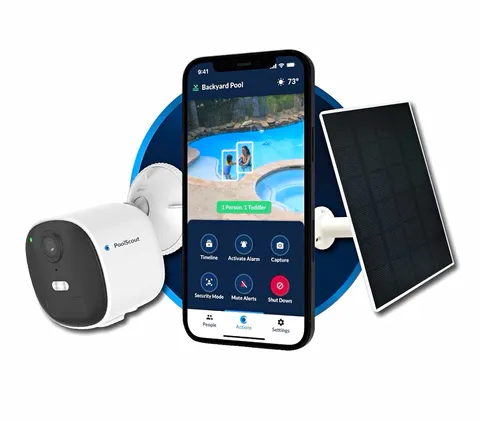 PoolScout Wireless Kit Wi‑Fi 4MP Battery Camera w/ Solar Panel Outdoor Mount