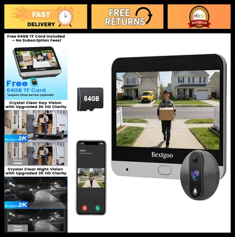 2K Peephole Door Camera with 4.3" Monitor, Night Vision, Motion Alerts, 64GB SD