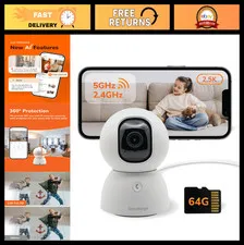 2.5K Pan-Tilt Security Camera - 360° WiFi, AI Human & Pet Detection, 64GB SD, Tw
