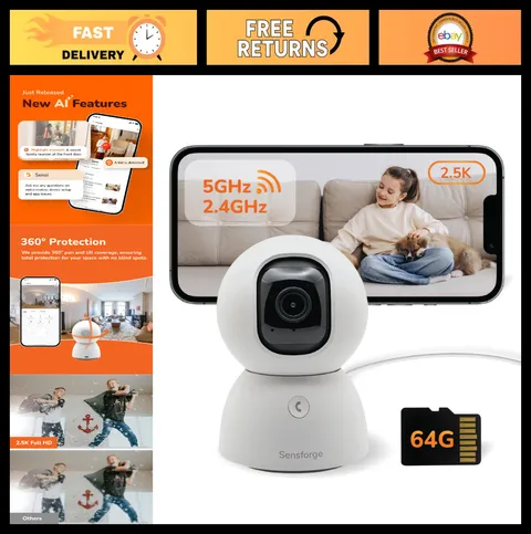 2.5K Pan-Tilt Security Camera - 360° WiFi, AI Human & Pet Detection, 64GB SD, Tw