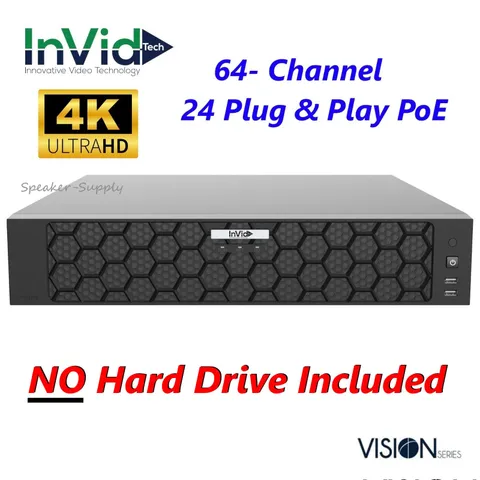 InVid VN4A-64X24 64 Channel 24 PoE NVR 4K 384/200 Mbps 4 HD Bays NO HARD DRIVE