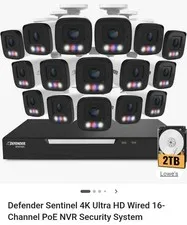 Defender Sentinel 4K Ultra HD 16-Channel PoE NVR Security with 15 Cameras -2T