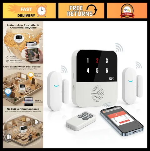 Wi-Fi Smart Door Alarm with LED Display | Caregiver Pager & Door Sensor Chime, 3