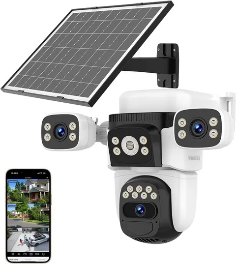 EVERSECU 2K Solar Triple Lens PTZ Security Camera, 360° View, Auto Tracking
