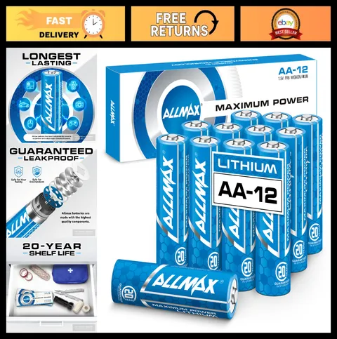 Maximum Power Lithium AA Batteries 12 Count - Long Lasting, Leakproof, 20-Year S