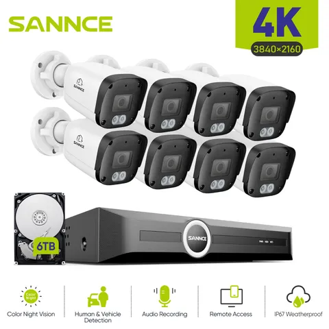 SANNCE 4K Audio POE Security IP Camera System 8CH 8MP NVR Color Night AI Detect