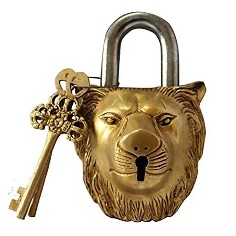 Lion Face Antique Style Handmade Brass Working Functional Padlock With Keys