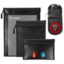 4 Pack Waterproof Fireproof Money Document Bags with a Faraday bag for car ke...