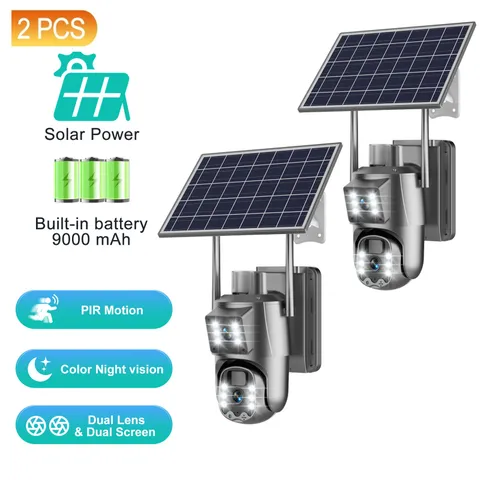2pcs WIFI Solar 4MP Dual-Lens Wireless PTZ Security Camera Color Night Vision